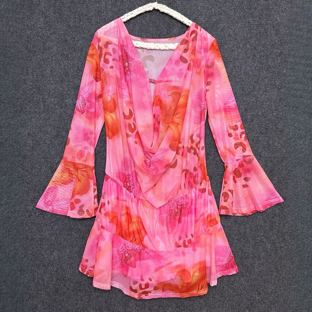 Sexy Vacation Dress Floral Print Pink Mesh Resort Swim Cover Up Y2K  L